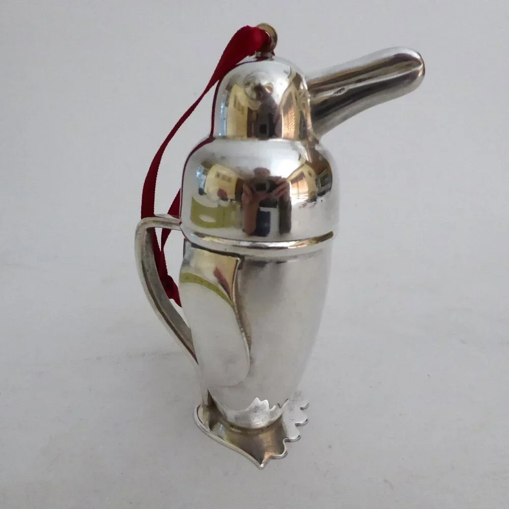 NEW 4.5” RESTORATION HARDWARE PENGUIN SILVER COCKTAIL SHAKER CHRISTMAS ORNAMENT